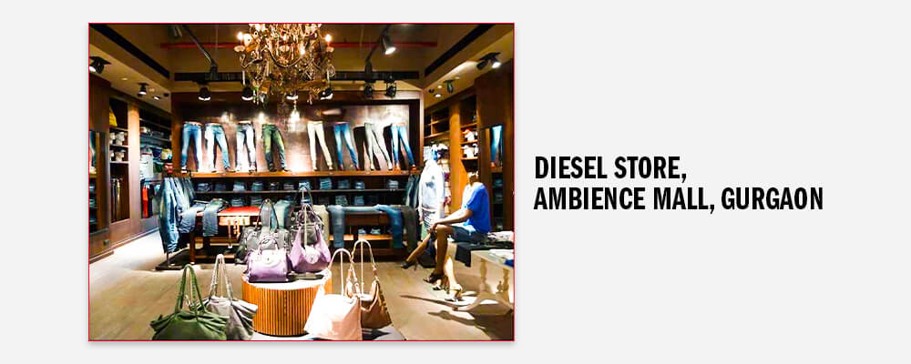 Diesel Store, internal view with denims and bags on display.